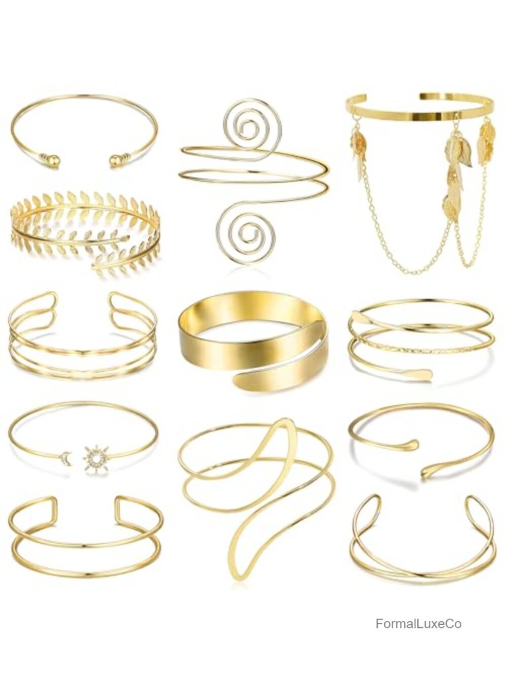 12-Piece Goldtone Upper Arm Cuff Bracelet Set Adjustable Open Bangles